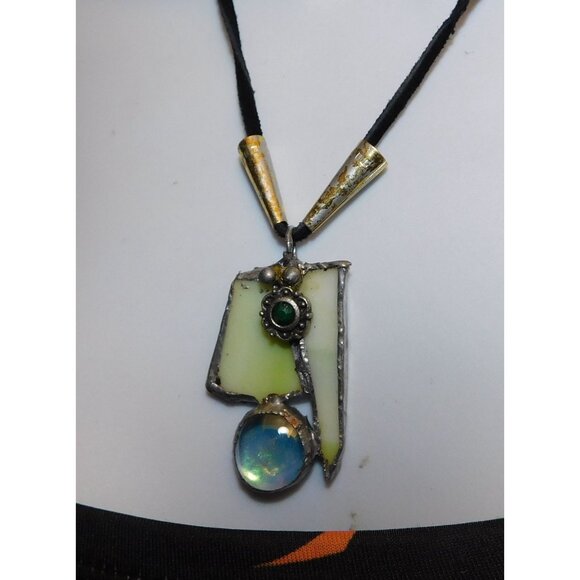 Handmade Abstract Green Stained Glass Pendant Necklace - Picture 6 of 6